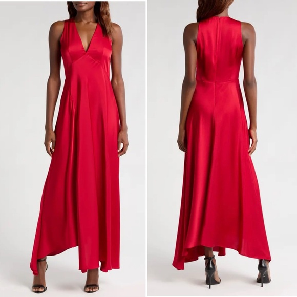 Halogen Dresses & Skirts - Halogen red v-neck empire waist gown maxi dress satin S